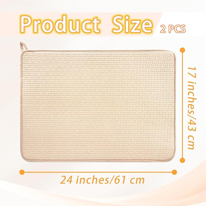 2 Pcs XXL Dish Drying Mats,Absorbent Microfiber Drainer Mat,Large Size 24×17" Pads for Kitchen Counter,Coffee,Rack,Under Sink(Beige) - Image 2