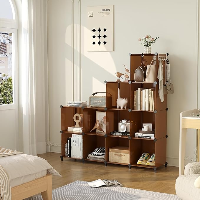 AWTATOS Cube Storage Organizer, Storage Cubes Shelves Bookshelf, 12 Cube Closet Organizers and Storage, DIY Stackable Plastic Clothes Organizer Shelving for Bedroom, Home, Cocoa Brown - Image 4