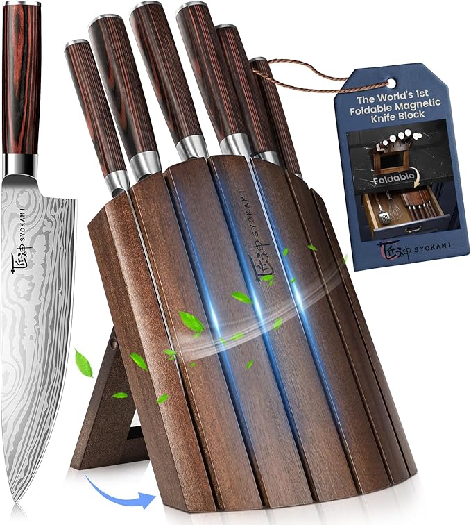 SYOKAMI 2026 Upgrade Knife Set 7 Piece Japanese Style Kitchen Knife Set With Foldable Magnetic Acacia Wood Block Sharp High Carbon Stainless Steel Chef Knives Set with Anti-slip Handle, Gift for Mom by SYOKAMI