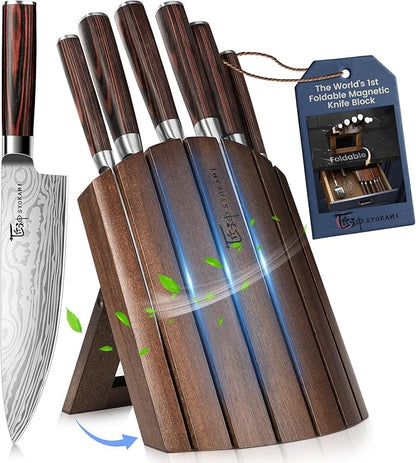 SYOKAMI 2026 Upgrade Knife Set 7 Piece Japanese Style Kitchen Knife Set With Foldable Magnetic Acacia Wood Block Sharp High Carbon Stainless Steel Chef Knives Set with Anti-slip Handle, Gift for Mom by SYOKAMI