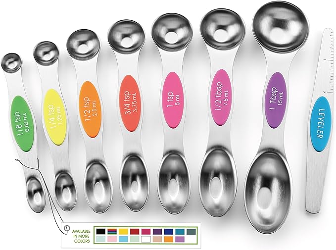 Spring Chef Stainless Steel Magnetic Measuring Spoons Set of 8 with Leveler, Nesting Metal Teaspoon & Tablespoon Measuring Spoons, Kitchen Gadgets for Baking & Cooking, Fits in Most Spice Jars - Neon by SpringChef