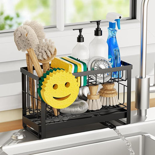 Sponge Holder for Kitchen Sink with Flexible Smiley Face, 2 Tier Kitchen Sink Organizer, Countertop and Storage Essentials, Soap Dispenser Organizer, Home Decor Accessories - Black by Unknown