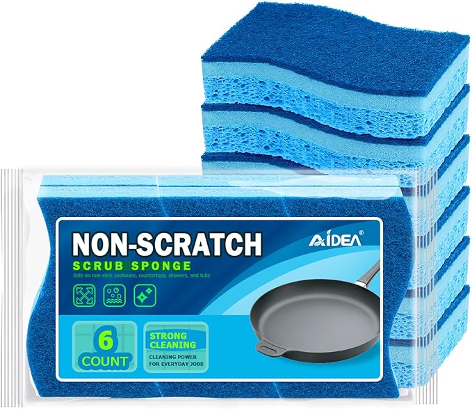 AIDEA Sponges Kitchen, Non-Scratch Scrub Sponge, 6Count, Sponges for Non-Stick Cookware, Kitchen Sponge for Dishes, Cleans Fast Without Scratching, Cleaning Power for Kitchen, Bathroom, Household by AIDEAHOME