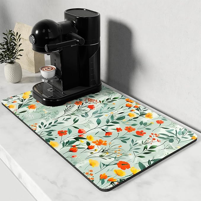 Rnivvi Coffee Mat, 12" x 19" Cute Coffee Bar Mats for Espresso Machine Station Accessories and Organizer, Hide Stain Rubber Backed Absorbent Dish Drying Pad for Kitchen Counter, Abstract Flowers by Rnivvi