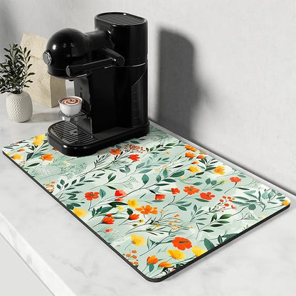 Rnivvi Coffee Mat, 12" x 19" Cute Coffee Bar Mats for Espresso Machine Station Accessories and Organizer, Hide Stain Rubber Backed Absorbent Dish Drying Pad for Kitchen Counter, Abstract Flowers by Rnivvi