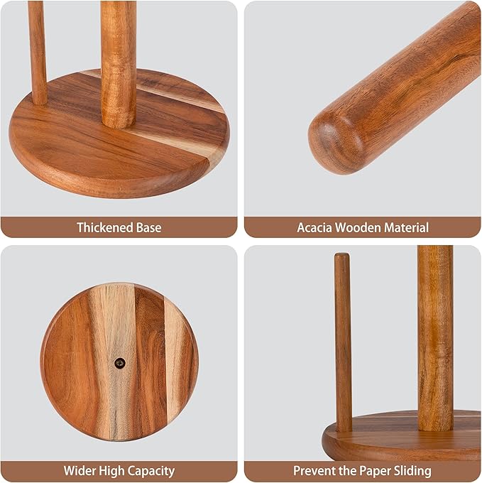 Acacia Wood Paper Towel Holder Countertop, Wooden Paper Towel Holder Thicken Base for Kitchen, Easy to Assemble, Sturdy, Durable, Natural Wood Color - Image 4