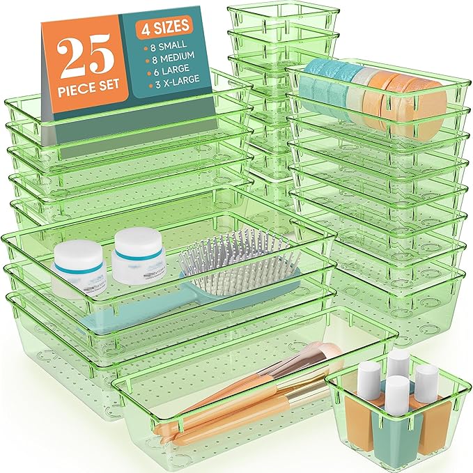WOWBOX 25 PCS Plastic Drawer Organizer Set, 4 Sizes Desk Drawer Divider Organizers and Storage Bins for Makeup, Jewelry, Gadgets for Kitchen, Bedroom, Bathroom, Office, Clear Green by WOWBOX