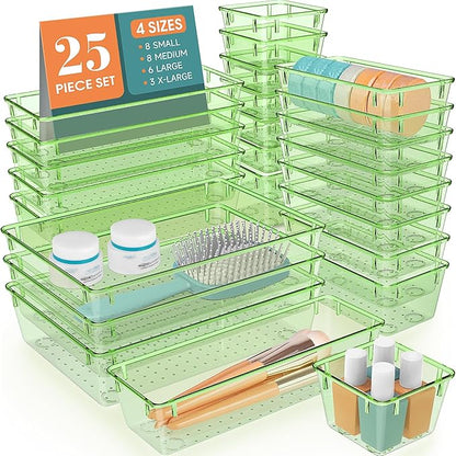 WOWBOX 25 PCS Plastic Drawer Organizer Set, 4 Sizes Desk Drawer Divider Organizers and Storage Bins for Makeup, Jewelry, Gadgets for Kitchen, Bedroom, Bathroom, Office, Clear Green by WOWBOX