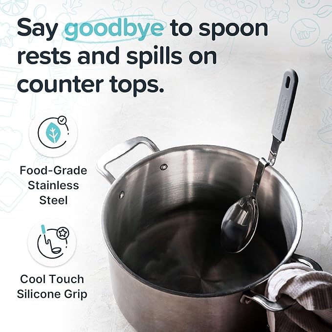 Souper Cubes + Lori Greiner No Mess Stainless Steel Cooking Spoon with Silicone Handle - Stainless Steel Serving Spoon No Mess Design Hooks on Side of Any Pot - Charcoal - Image 3