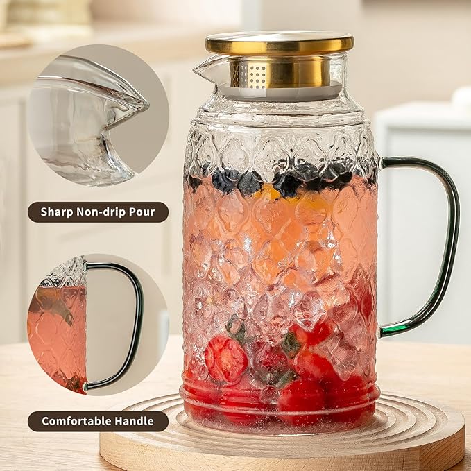 Buaic Glass Pitcher with Lid, 2 PACK 68 oz/2 Liter Vintage Water Pitcher, Clear Borosilicate Glass Water Carafe for Cold Brew, Coffee, Lemonade, Iced Sun Tea,Beverage, Milk, Heat Resistant - Image 4