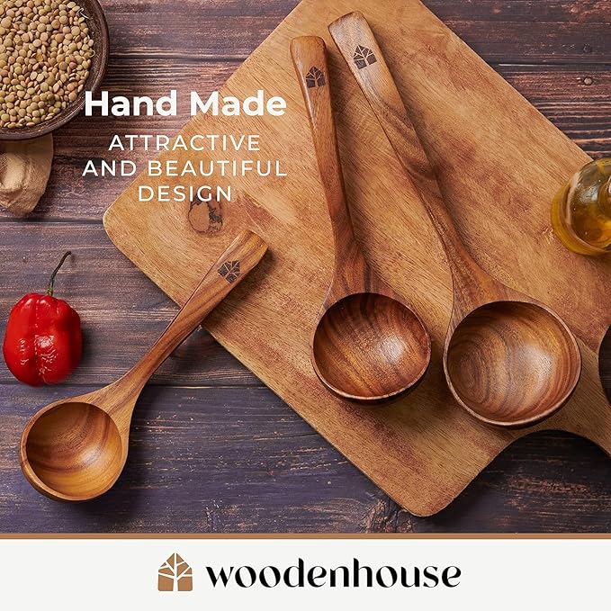 Wooden Ladle for Soup, 3 Size Teak Wood Ladle Spoon with Back Hooks for Pot & Bowl, Non-Stick Wooden Spoon Set for Cooking, Serving and Stirring - Image 8