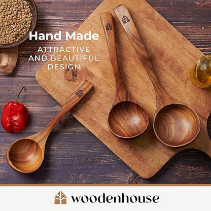 Wooden Ladle for Soup, 3 Size Teak Wood Ladle Spoon with Back Hooks for Pot & Bowl, Non-Stick Wooden Spoon Set for Cooking, Serving and Stirring - Image 8