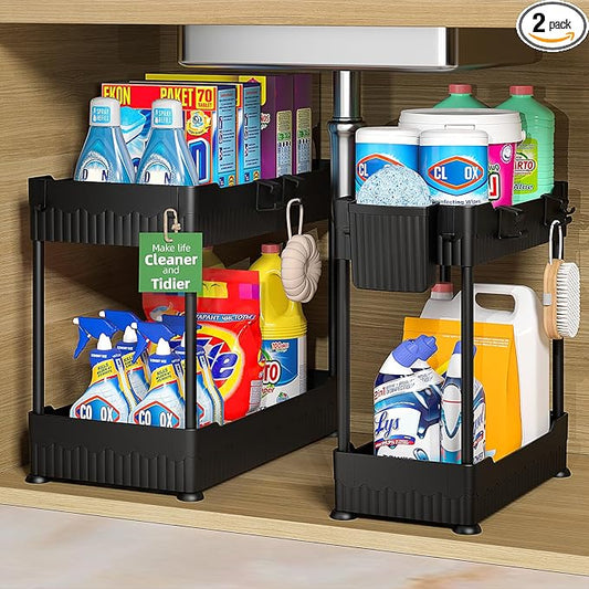 Sevenblue 2 Pack Under Sink Organizer, Under Bathroom Cabinet Organizer with Hooks Hanging Cup, Multi-Purpose Storage Shelf for Kitchen Bathroom, Black by Sevenblue