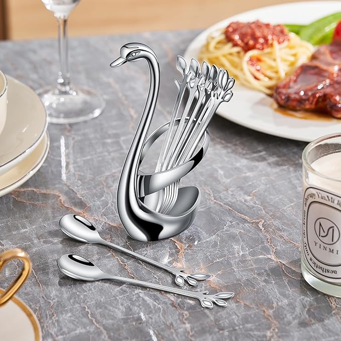 AnSaw Silver Small Coffee Spoon Holder Set,Swan Base With 10 Pcs Demitasse Espresso Spoons Set,4.7" Mini Leaf Dessert Spoon,Stainless Steel Tea Spoons - Image 6