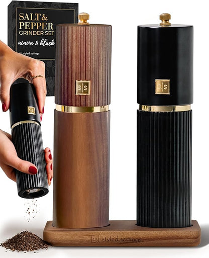 Wooden Salt and Pepper Grinder Set – Refillable Manual Salt and Pepper Mills with Adjustable Ceramic Burrs, Gold Detailing, and Wood Stand – Black and Dark Wood by STYLEDSETTINGS