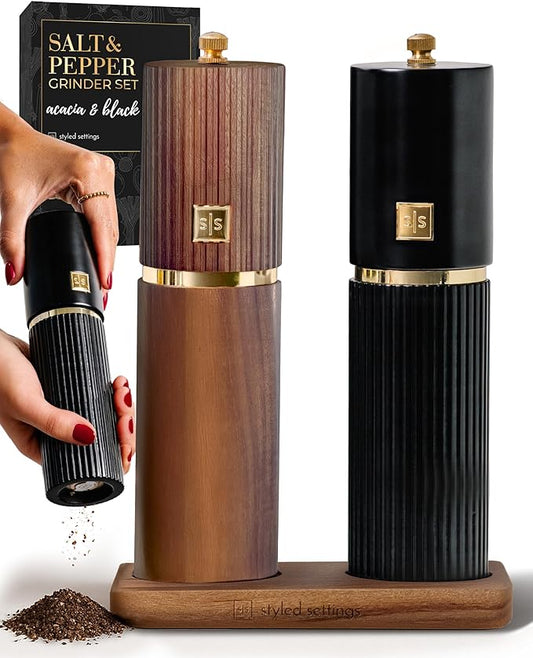 Wooden Salt and Pepper Grinder Set – Refillable Manual Salt and Pepper Mills with Adjustable Ceramic Burrs, Gold Detailing, and Wood Stand – Black and Dark Wood by STYLEDSETTINGS