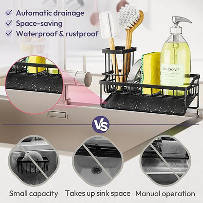 SWTYMIKI Sink Caddy Sponge Holder - Kitchen Sink Organizer with Stainless Steel Self Drain Tray & High Brush Holder for Countertop to Hold Dish Soaps and Sponges, Stainless Steel, Black - Image 3