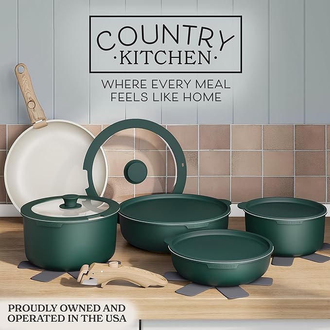Country Kitchen Cookware Set with Removable Handle, Oven & RV Safe Pots and Pans Set, Sage Wood Handle, Original - Image 2