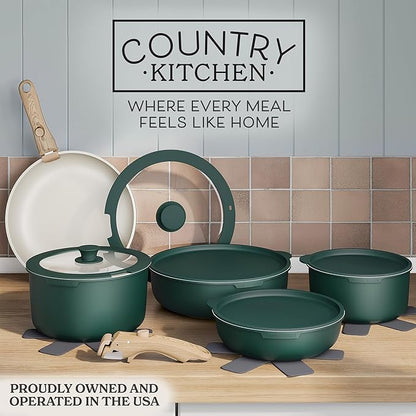 Country Kitchen Cookware Set with Removable Handle, Oven & RV Safe Pots and Pans Set, Sage Wood Handle, Original - Image 2