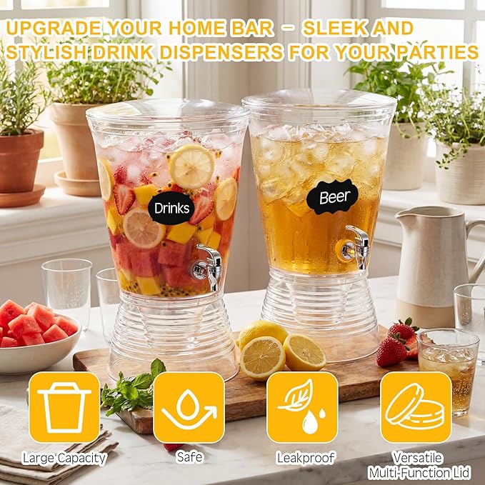 Nuenen 2 Sets of 2.6 Gallon Beverage Dispensers for Parties, Clear Plastic Drink Juice Dispensers with Spigot and Drip Tray Beverage Water Fountains for Wedding Birthday Party Cold Hot Drinks - Image 4