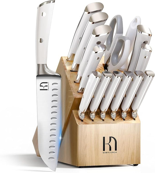Knife Set Premium, Japanese 15 Pcs High Carbon Stainless Steel Kitchen Knife Block Set with Sharpener, Razor Sharp Knives Set for Kitchen with Natural Wood Block, Long-Lasting Edge