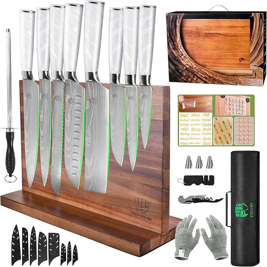 FULLHI 15pcs Japanese Knife Set with Magnetic Knife Block Holder, Stainless Steel Blades, White Resin Ergonomic Handles for Professional and Home Cooking