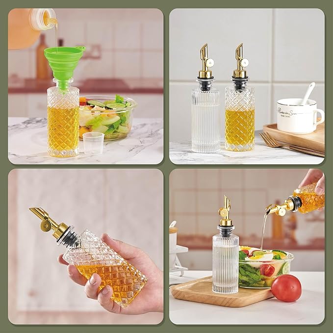 Glass Olive Oil Dispenser Bottle Small, 6.5 Oz/ 200 ml Coffee Simple Syrup Bottles with Black Metal Pour Spout, Funnel, Measuring Cup, Oil and Vinegar Bottle for Kitchen (2 Pack) - Image 6