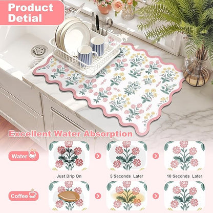 LOKHOM Scalloped Floral Dish Drying Mat, 12"x20" Super Absorbent Coffee Mat with Unique Pink Pastoral Floral, Cuttable Hide Stain Non-slip Drying Mat for Kitchen Counter Coffee Maker Espresso Machine - Image 3