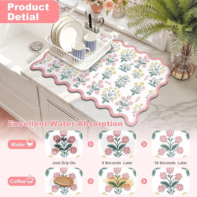 LOKHOM Scalloped Floral Dish Drying Mat, 18"x24" Super Absorbent Coffee Mat with Unique Pink Pastoral Floral, Cuttable Hide Stain Non-slip Drying Mat for Kitchen Counter Coffee Maker Espresso Machine - Image 3