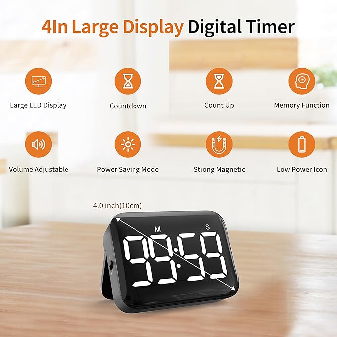 VOCOO Magnetic Kitchen Timer for Cooking with Count Up Countdown, Digital Timer Battery Powered with Large Display, 2 Brightness and Volume Levels for Classroom, Teacher, Kids (Dark Black) - Image 2