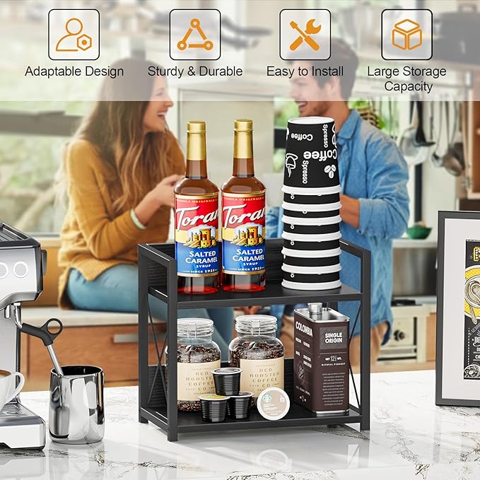 Giikin Kitchen Counter Shelf, 2 Tier Kitchen Spice Rack Organizer for Countertop, Wood Coffee Bar Organizer for Home (Black, S) - Image 7
