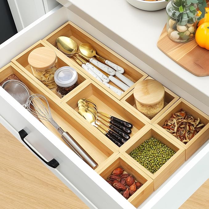 Bamboo Drawer Organizer Set, 9 PCS Multi-Use Individual Wood Storage Organizers, Junk Drawer Divider and Storage Trays Containers for Kitchen, Bathroom, Office Desk, Makeup, Jewelry, Utensils - Image 6