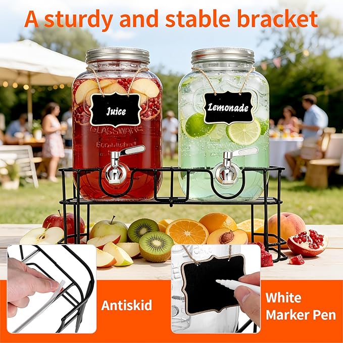 1 Gallon Glass Beverage Dispenser, 2 Pack Glass Drink Dispensers for ies with Stand, Lid&Stainless Steel Spigot, Lemonade Dispenser With Ice Cylinder for Weddings, Sun Tea Jar, Juice Dispensers - Image 4