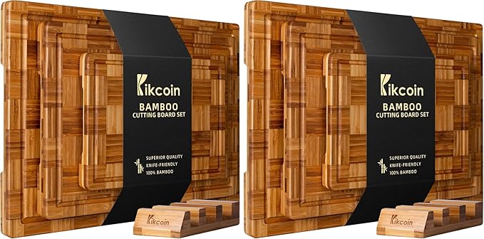Kikcoin Extra Large Bamboo Cutting Boards, (Set of 3) Chopping Boards with Juice Groove Bamboo Wood Cutting Board Set Butcher Block for Kitchen, End Grain Serving Tray (Pack of 2) by Kikcoin