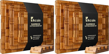 Kikcoin Extra Large Bamboo Cutting Boards, (Set of 3) Chopping Boards with Juice Groove Bamboo Wood Cutting Board Set Butcher Block for Kitchen, End Grain Serving Tray (Pack of 2) by Kikcoin