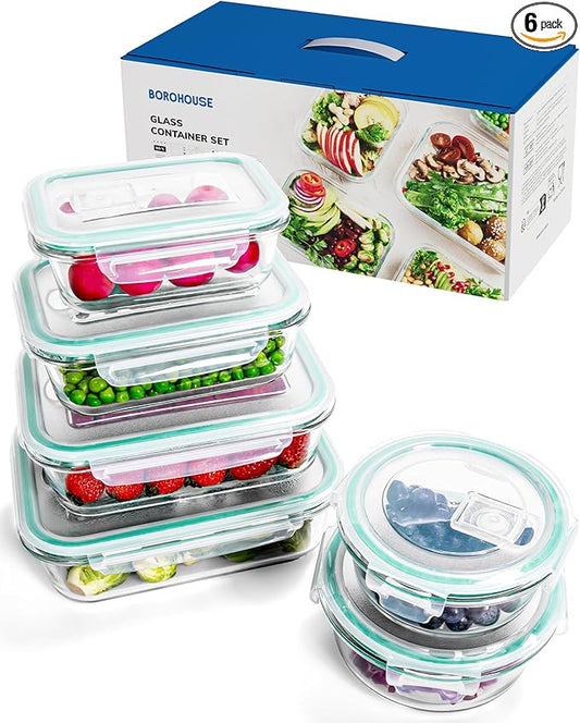 6-Pack Borosilicate Glass Food Storage Containers Set with Airtight Lids - Oven, Microwave & Freezer Safe, Leak-Proof, BPA-Free - Baking, Meal Prep & Gift Ready