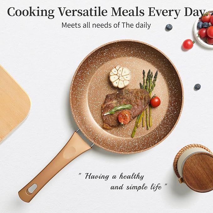 Innwewell Non Stick Frying Pan - Granite Stone Non Stick Skillet Frying Pans, Safe&No Toxic Egg Omelette Frying Pan, Nonstick Cookware Cooking Pan, Induction Compatible, PFOA Free(9.5inch, Gold) - Image 6