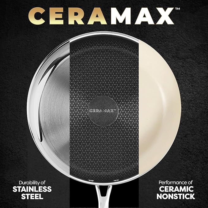 Gotham Steel Ceramax 12 Pcs Tri Ply Hybrid Stainless Steel Cookware Set, Ceramic Pots and Pans Set Non Stick with Induction Cookware, Made Without PTFE PFOA, Metal Utensil, Oven and Dishwasher Safe