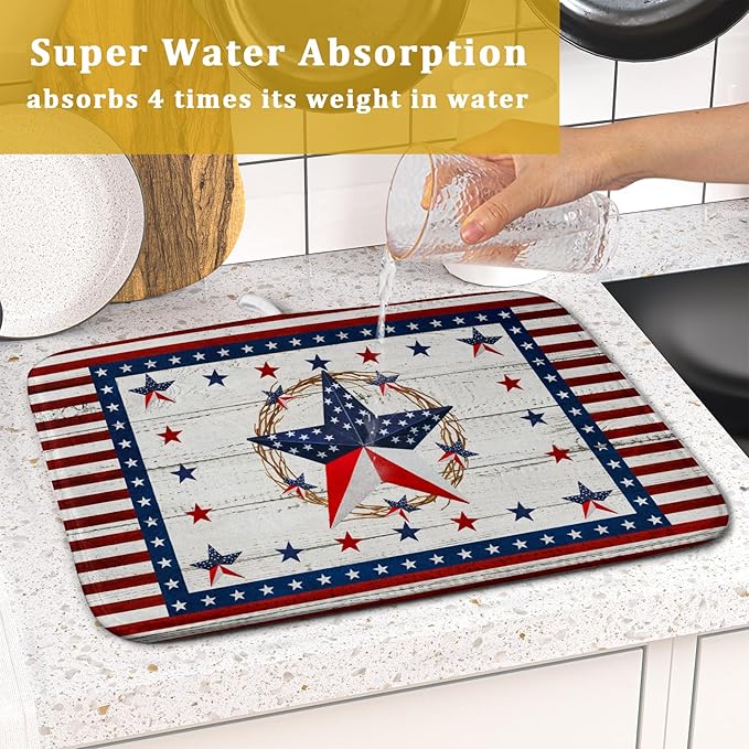 Giwawa Patriotic Stars Dish Drying Mat 4th of July America Star Wreath Dish Drainer Mats for Kitchen Countertop 16"x18" Rustic Independence Day Reversible Dish Drying Pad Small Decor