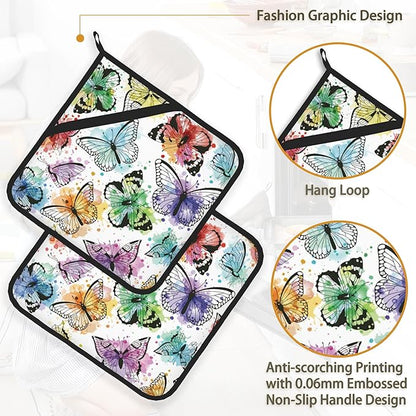 Butterfly Color Pot Holder Set of 2,Heat Resistant Potholders Oven Hot Pads for Kitchen Cooking Baking BBQ