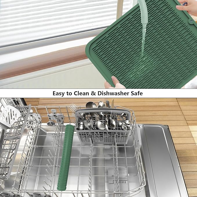 ZLR Large Silicone Dish Drying Mat (16" x 18") - XL Heavy Duty Drainboard Mat for Pots, Pans & Family Loads - Heat Resistant Trivet & Counter Protector, Easy Clean (Dark Green) - Image 8