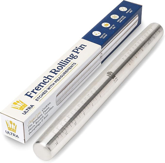 Ultra Cuisine French Rolling Pin for Baking – Tapered Stainless Steel Design with Measurements, Professional or Home Use with Pizza, Cookie, & Pastry Dough, or Fondant and Pie Crust – Dishwasher-Safe by UltraCuisine
