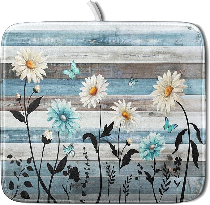 Blue White Daisy Floral Dish Drying Mat for Kitchen Counter,Sprinng Rustic Wood Drying Mat 16 x18 Inch with Absorbent Reversible Microfiber Drying Pad for Coffee Bar by Anyako