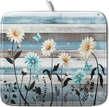 Blue White Daisy Floral Dish Drying Mat for Kitchen Counter,Sprinng Rustic Wood Drying Mat 16 x18 Inch with Absorbent Reversible Microfiber Drying Pad for Coffee Bar by Anyako