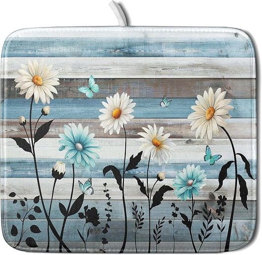 Blue White Daisy Floral Dish Drying Mat for Kitchen Counter,Sprinng Rustic Wood Drying Mat 16 x18 Inch with Absorbent Reversible Microfiber Drying Pad for Coffee Bar by Anyako