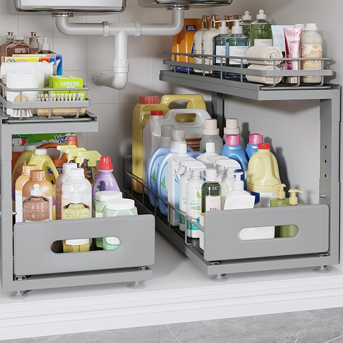 Under Sink Organizer Upgrade To Professional Rails,2-Tier Dual Pull Out Cabinet Storage,Height Adjustable Slide Out Drawers For Bathroom Kitchen,2 Pack-21"Dx12.8"-16.9"H,Gun Gray by UnderSinkOrganizer