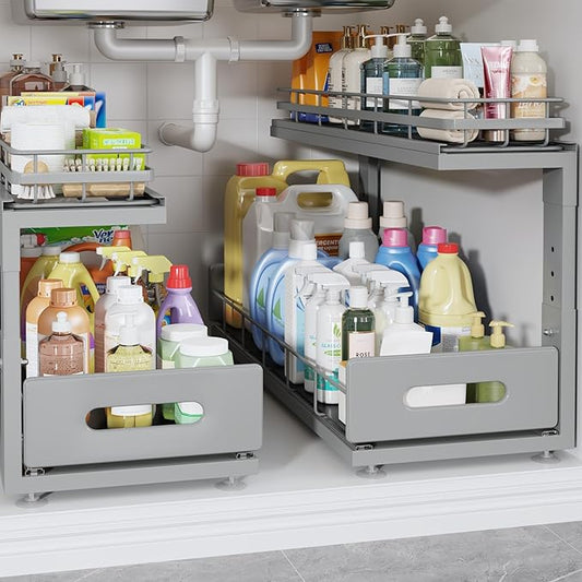 Under Sink Organizer Upgrade To Professional Rails,2-Tier Dual Pull Out Cabinet Storage,Height Adjustable Slide Out Drawers For Bathroom Kitchen,2 Pack-21"Dx12.8"-16.9"H,Gun Gray by UnderSinkOrganizer