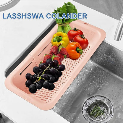 LASSHSWA Collapsible Colander for Kitchen, Over the Sink Strainer Basket for Kitchen, Fruit Pasta Food Strainer Expandable Plastic Colander BPA Free (Orange Pink) - Image 2