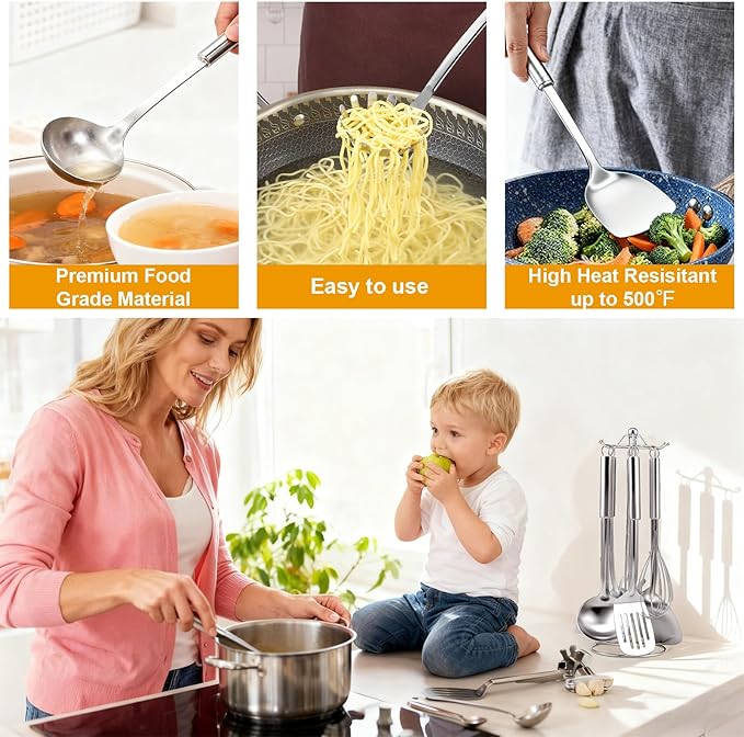 Stainless Steel Kitchen Cooking Utensils Set of 7 - Kitchen Utensils with Hanging Rack, Spatula, Slotted Turner, Soup Ladle, Slotted Spoon, Whisk, Pasta Server, Holder, Dishwasher Safe - Image 5