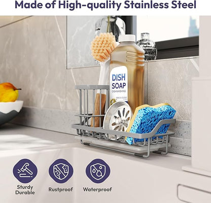 SWTYMIKI Sink Caddy Sponge Holder - Kitchen Sink Organizer with High Brush Holder for Countertop to Hold Dish Soaps and Sponges, Stainless Steel, Gray - Image 2